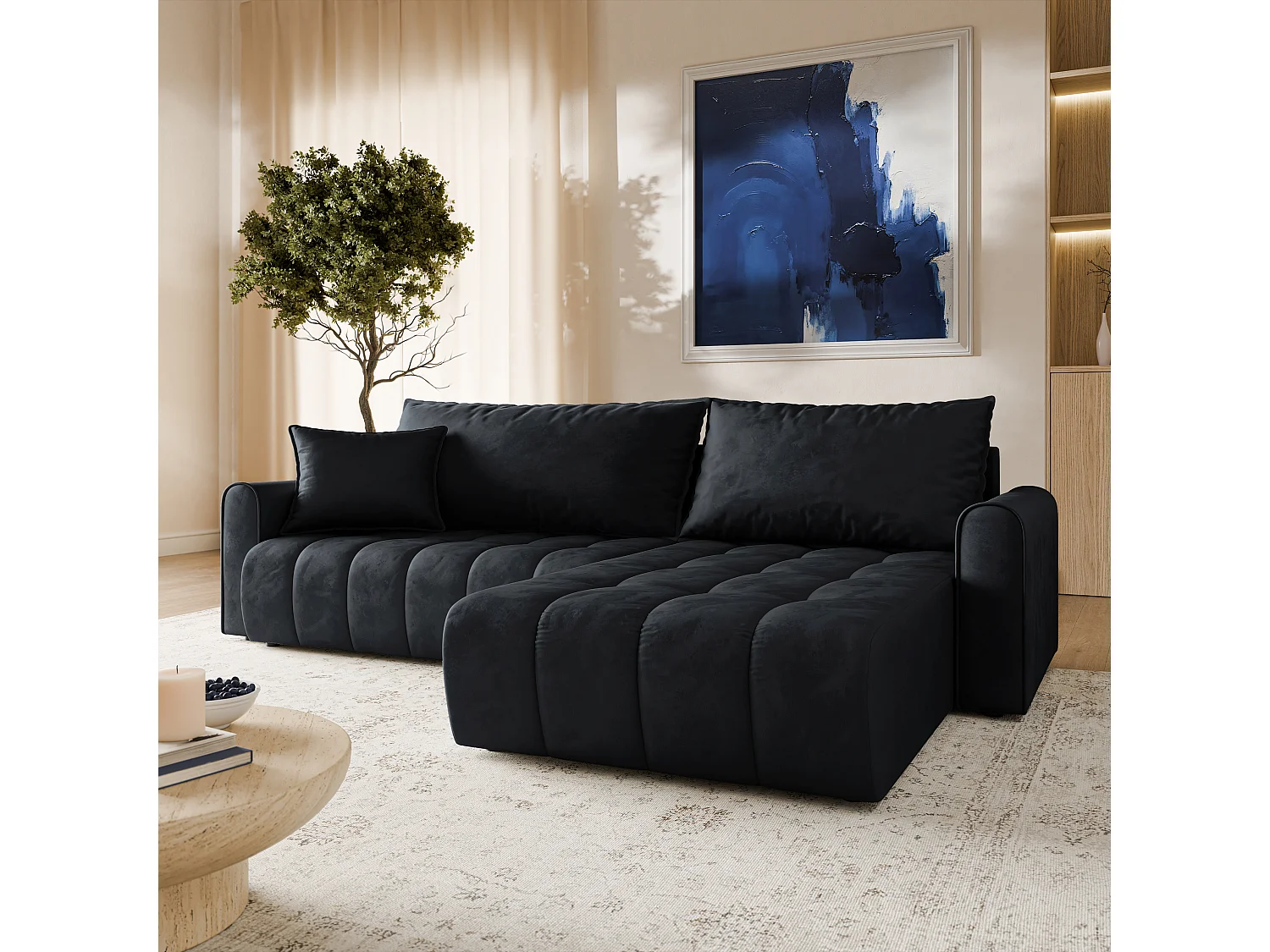 Hoekbank FRIGA, met slaapfunctie, Veloursstof Zwart