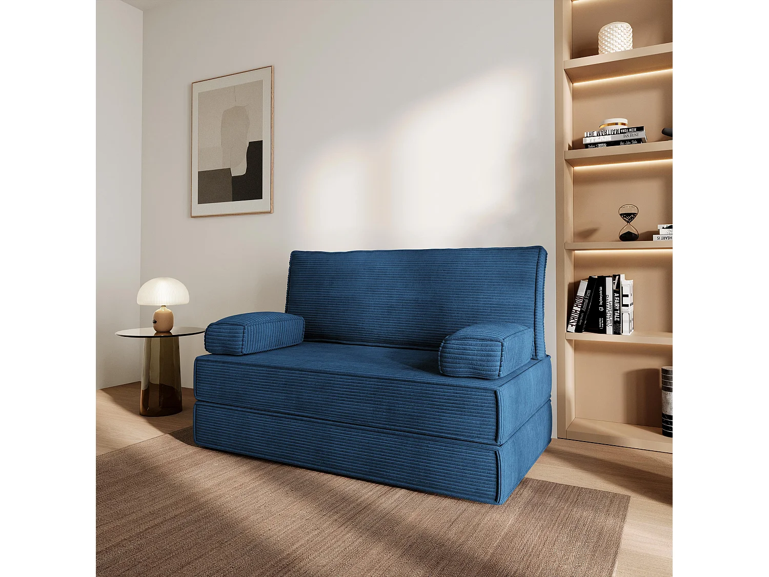 Canapé compressé LADIA sans cadre métallique, Velours côtelé POSO, Bleu