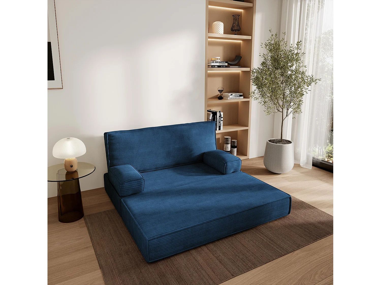 Canapé compressé LADIA sans cadre métallique, Velours côtelé POSO, Bleu