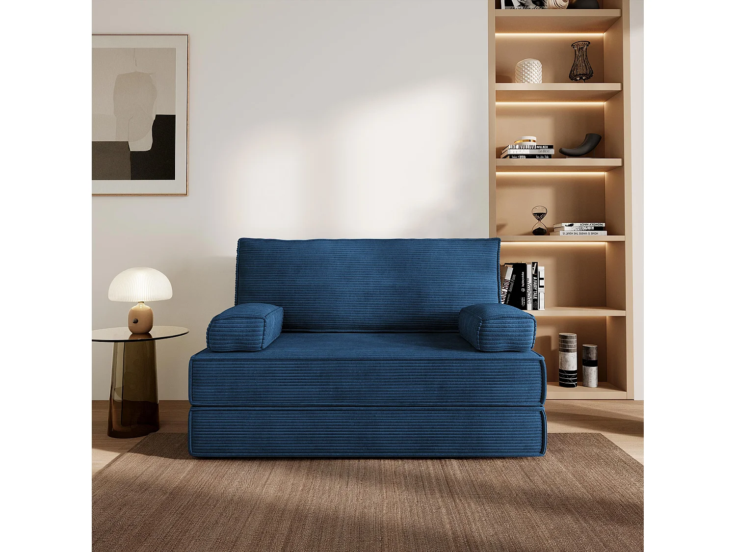 Canapé compressé LADIA sans cadre métallique, Velours côtelé POSO, Bleu