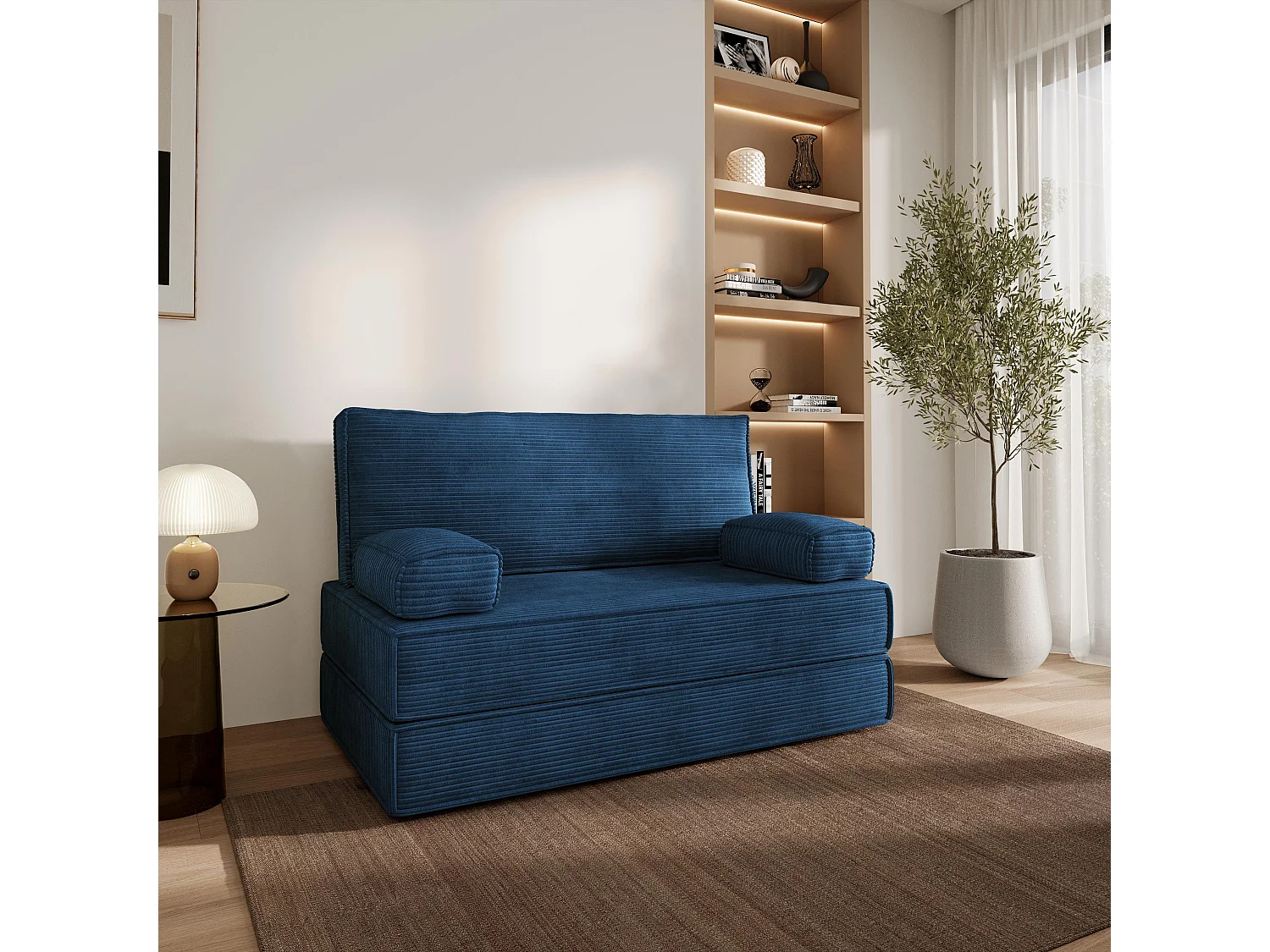 Canapé compressé LADIA sans cadre métallique, Velours côtelé POSO, Bleu