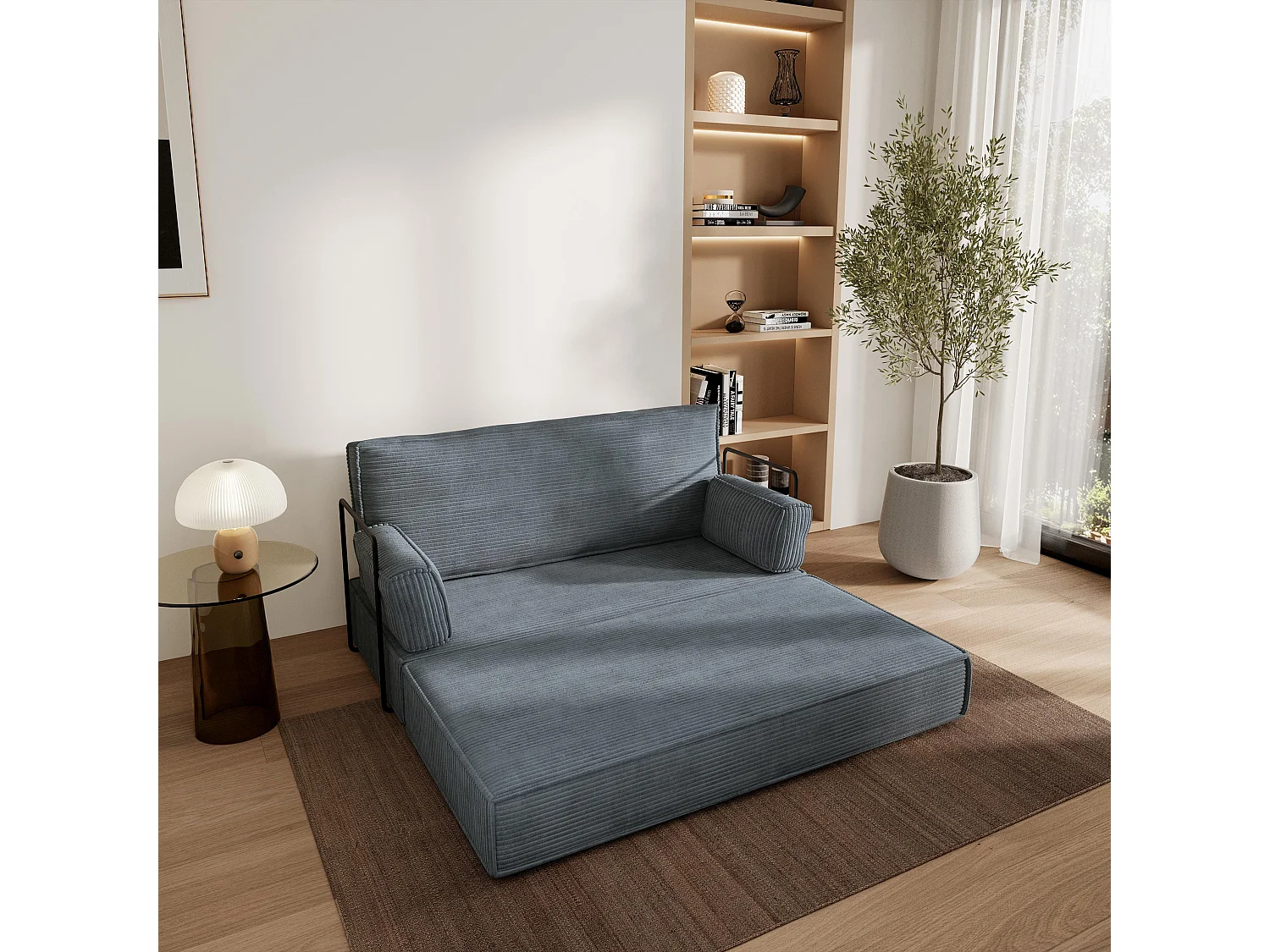 Canapé compressé LADIA avec cadre métallique, Velours côtelé POSO, Gris