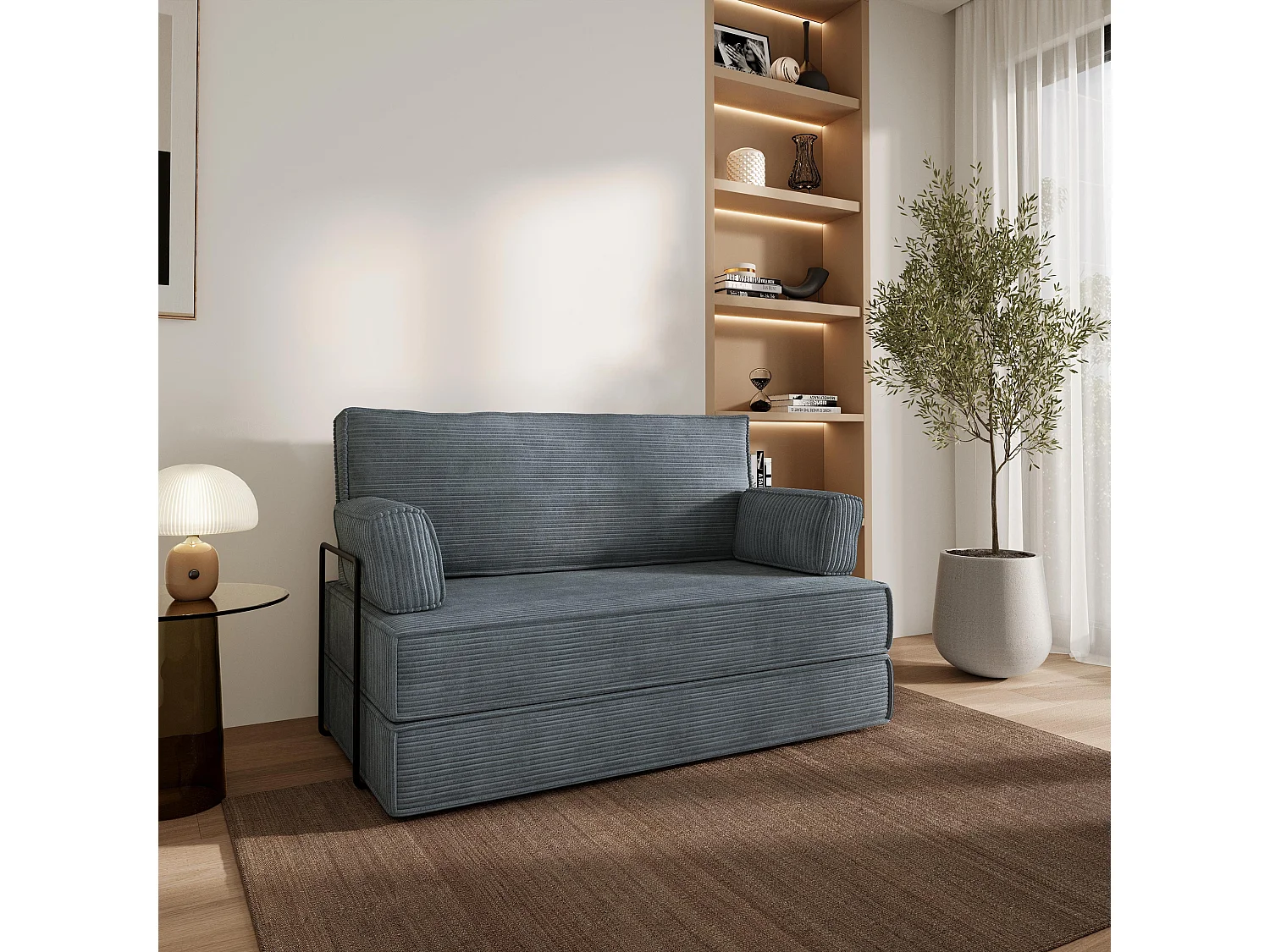 Canapé compressé LADIA avec cadre métallique, Velours côtelé POSO, Gris