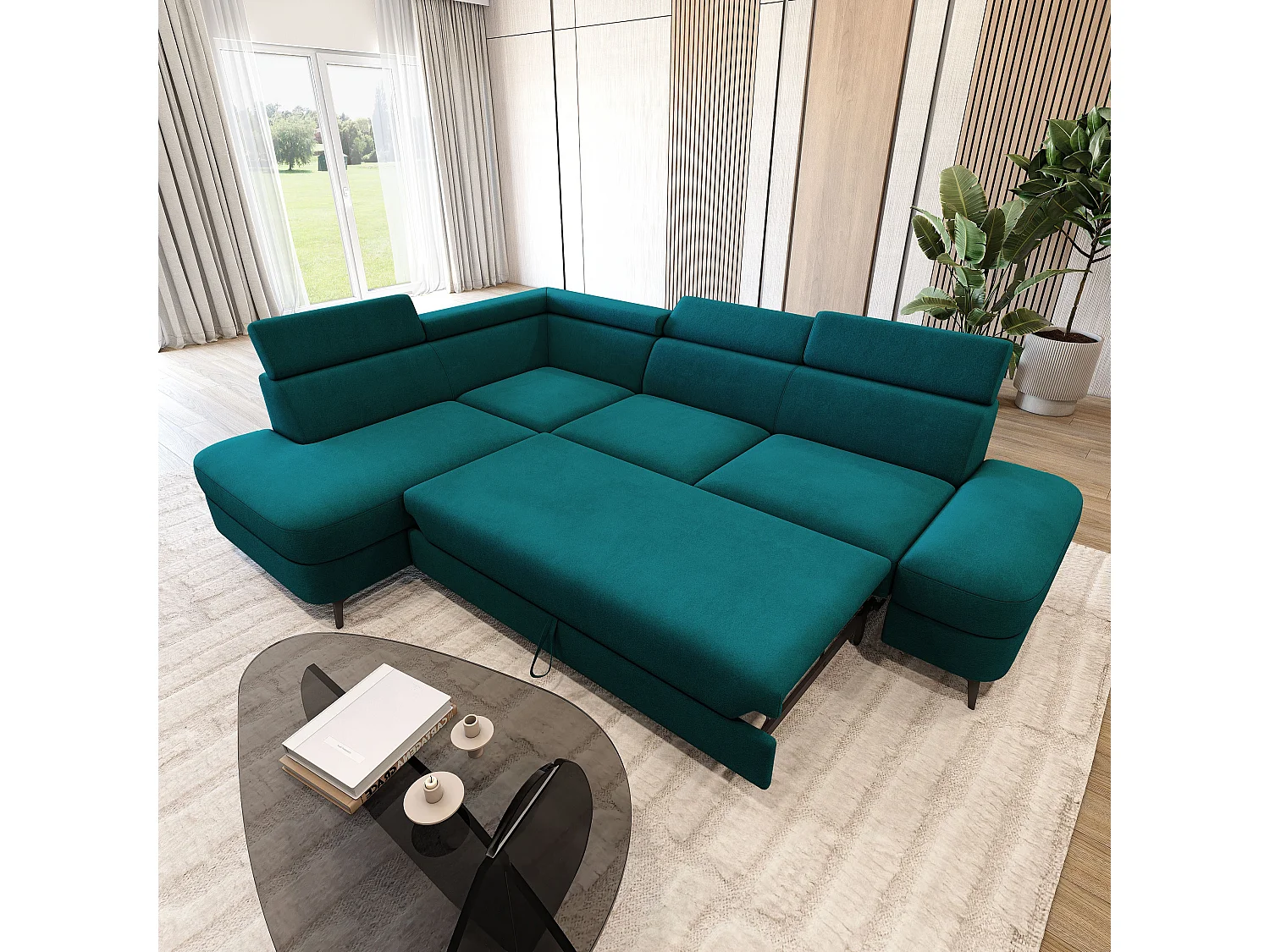 Hoekbank AVISE, met slaapfunctie, Veloursstof Blauw
