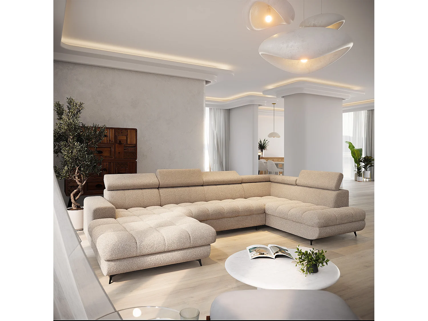 Hoekbank CORENO, met slaapfunctie, Boucléstof Beige