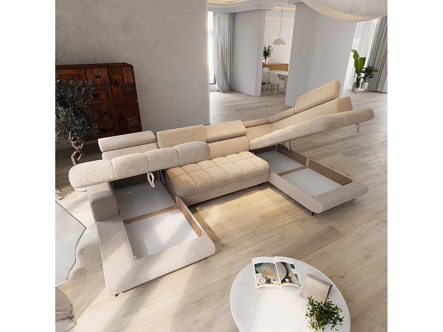 Hoekbank CORENO, met slaapfunctie, Boucléstof Beige