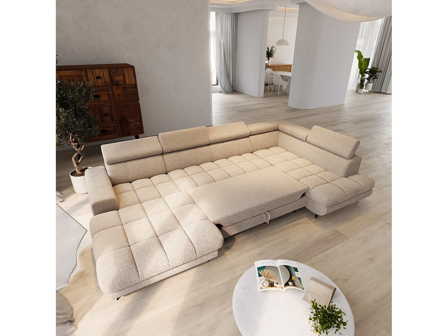 Hoekbank CORENO, met slaapfunctie, Boucléstof Beige