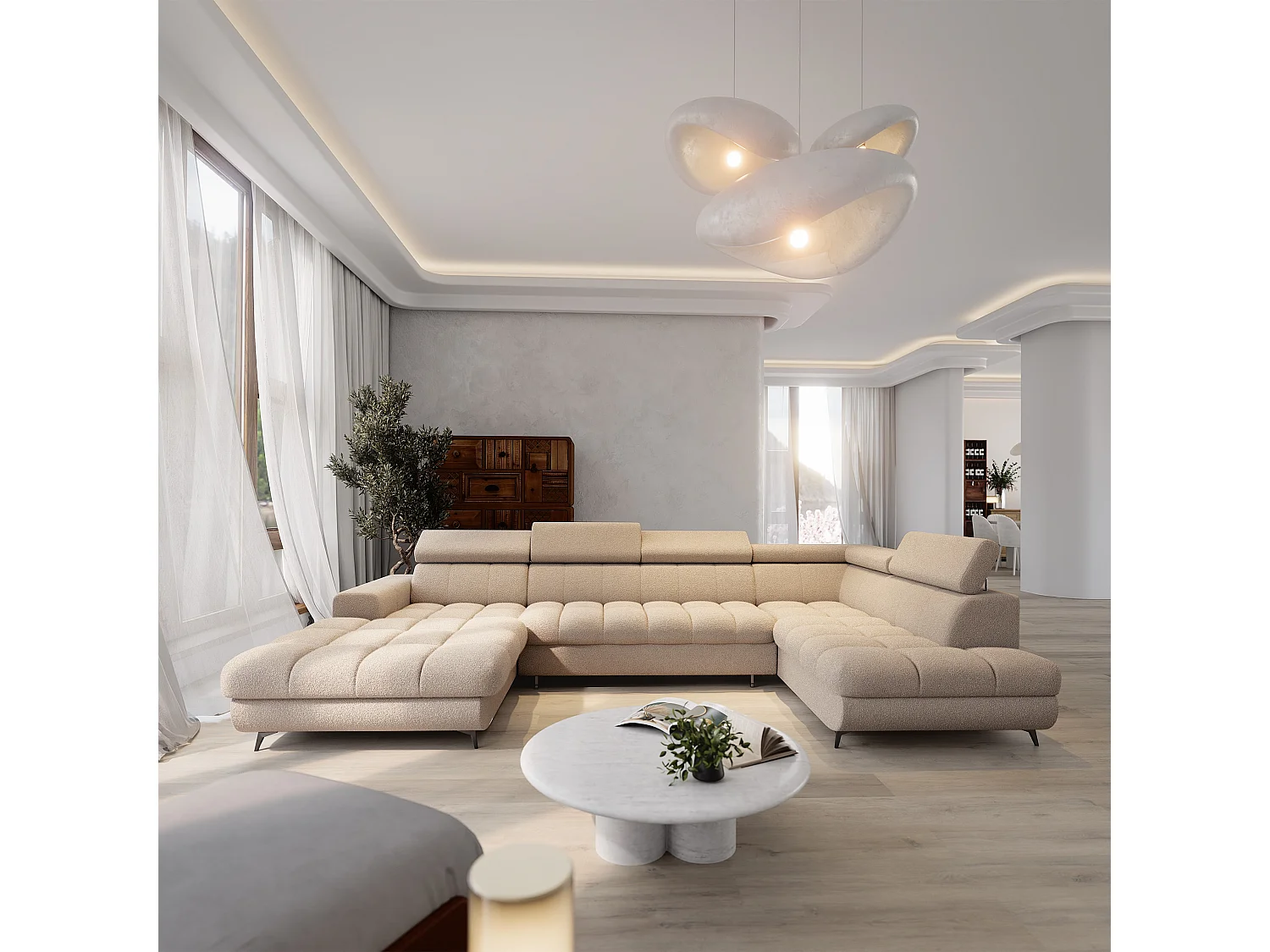Hoekbank CORENO, met slaapfunctie, Boucléstof Beige