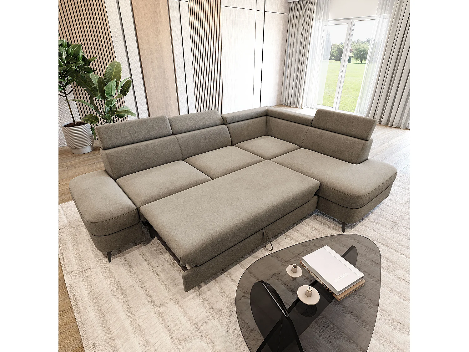Hoekbank AVISE, met slaapfunctie, Veloursstof Beige