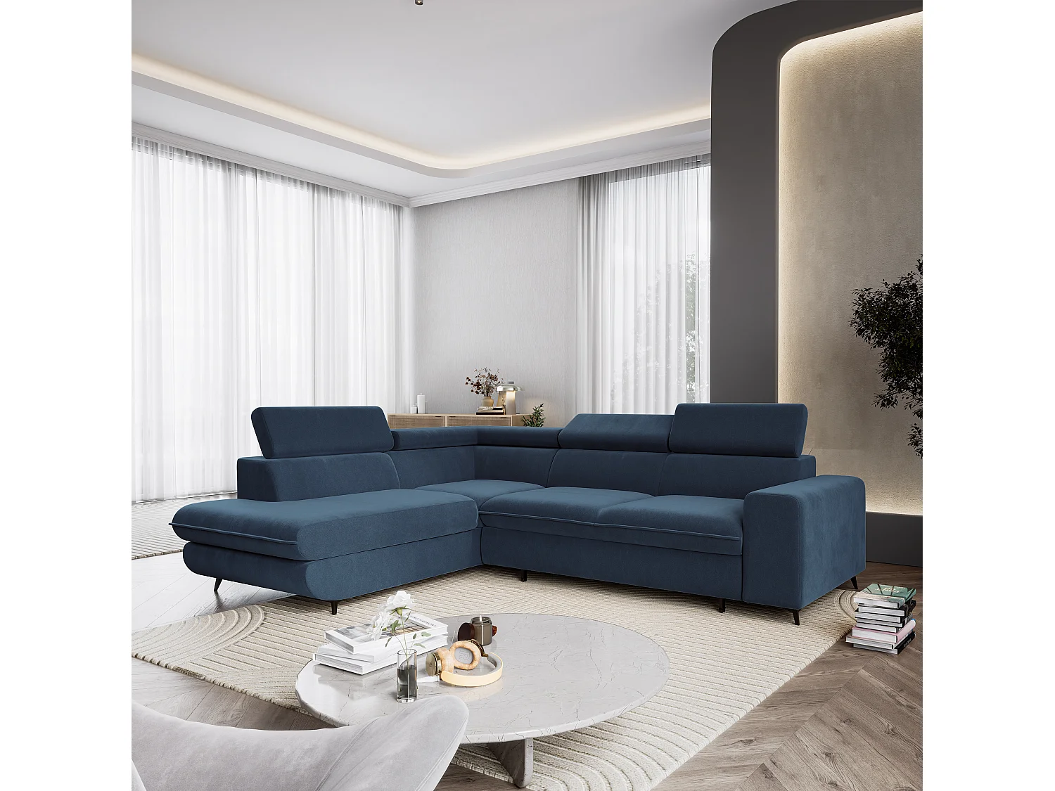 Hoekbank VELISS, met slaapfunctie, Fluweelstof Blauw