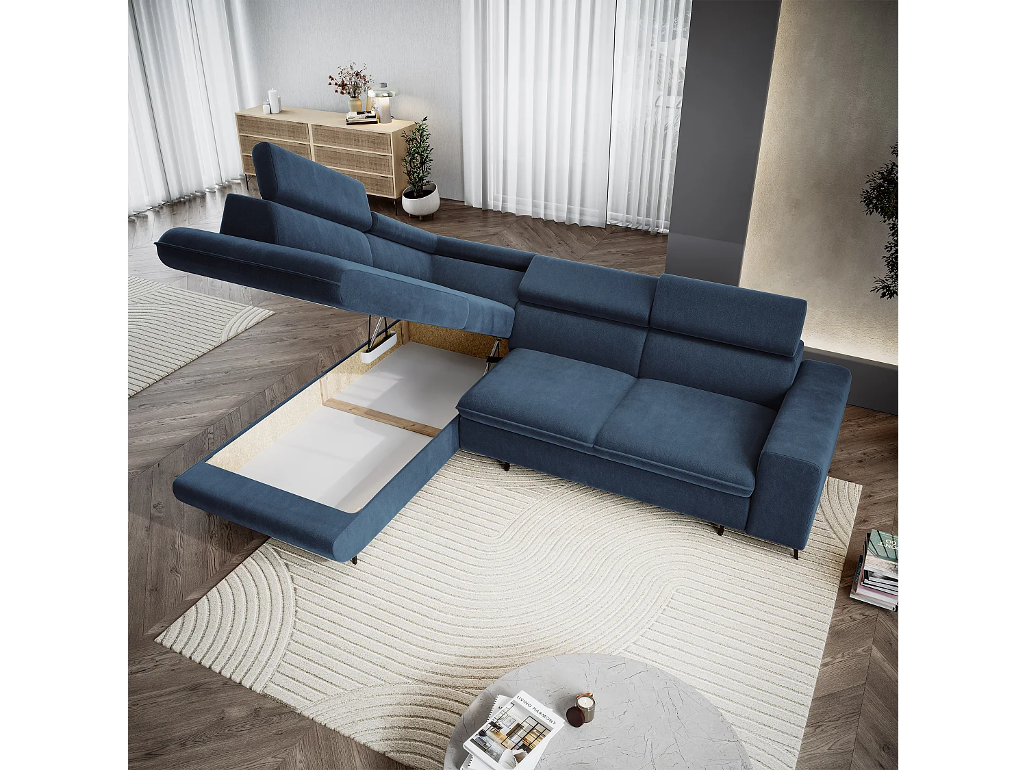 Hoekbank VELISS, met slaapfunctie, Fluweelstof Blauw