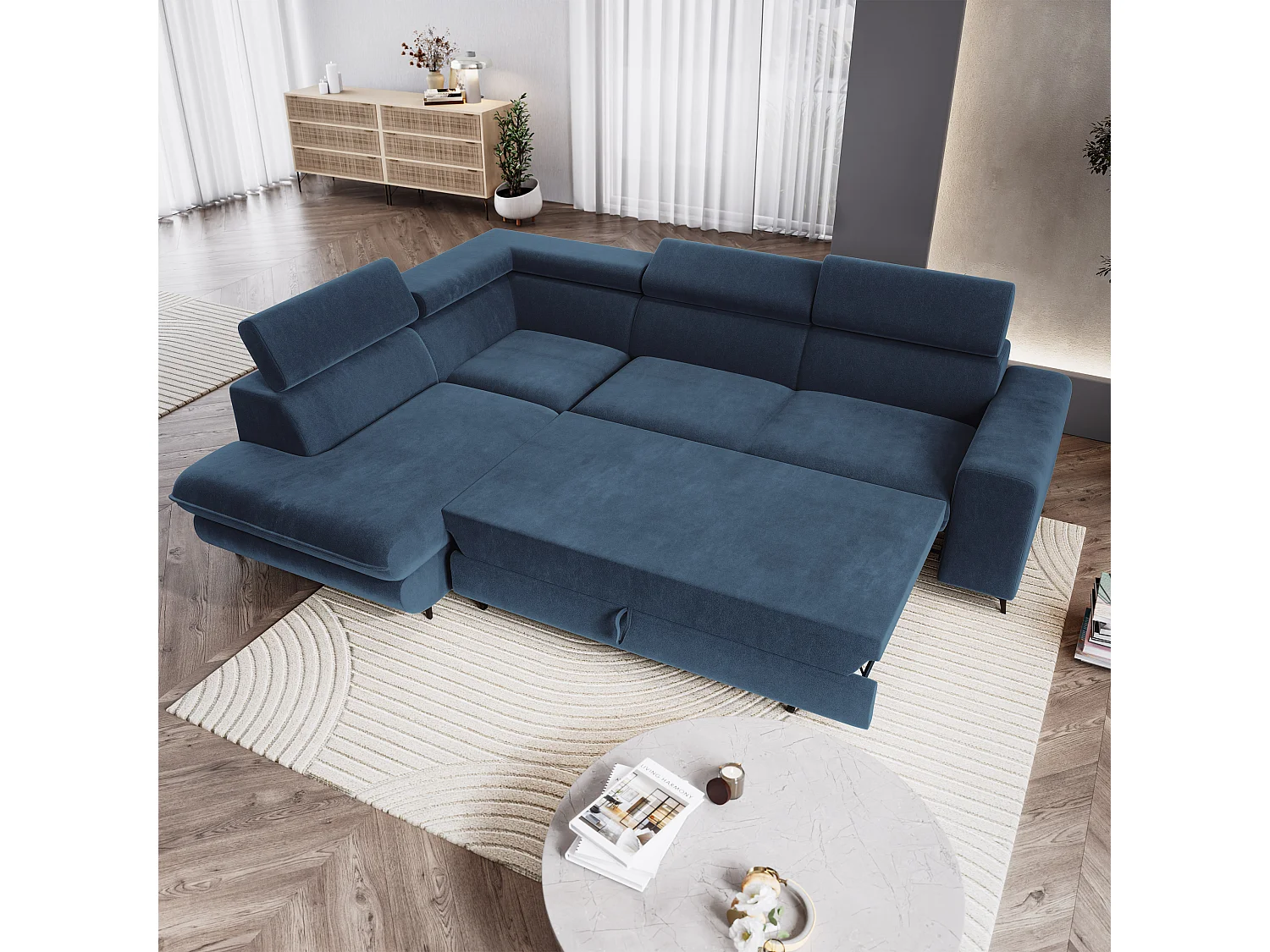 Hoekbank VELISS, met slaapfunctie, Fluweelstof Blauw