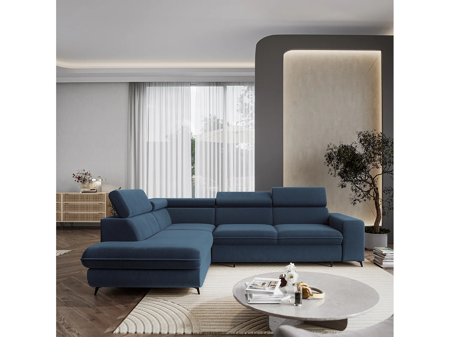 Hoekbank VELISS, met slaapfunctie, Fluweelstof Blauw