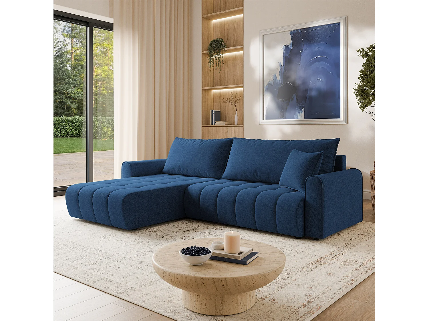Hoekbank FRIGA, met slaapfunctie, Structuurstof Blauw