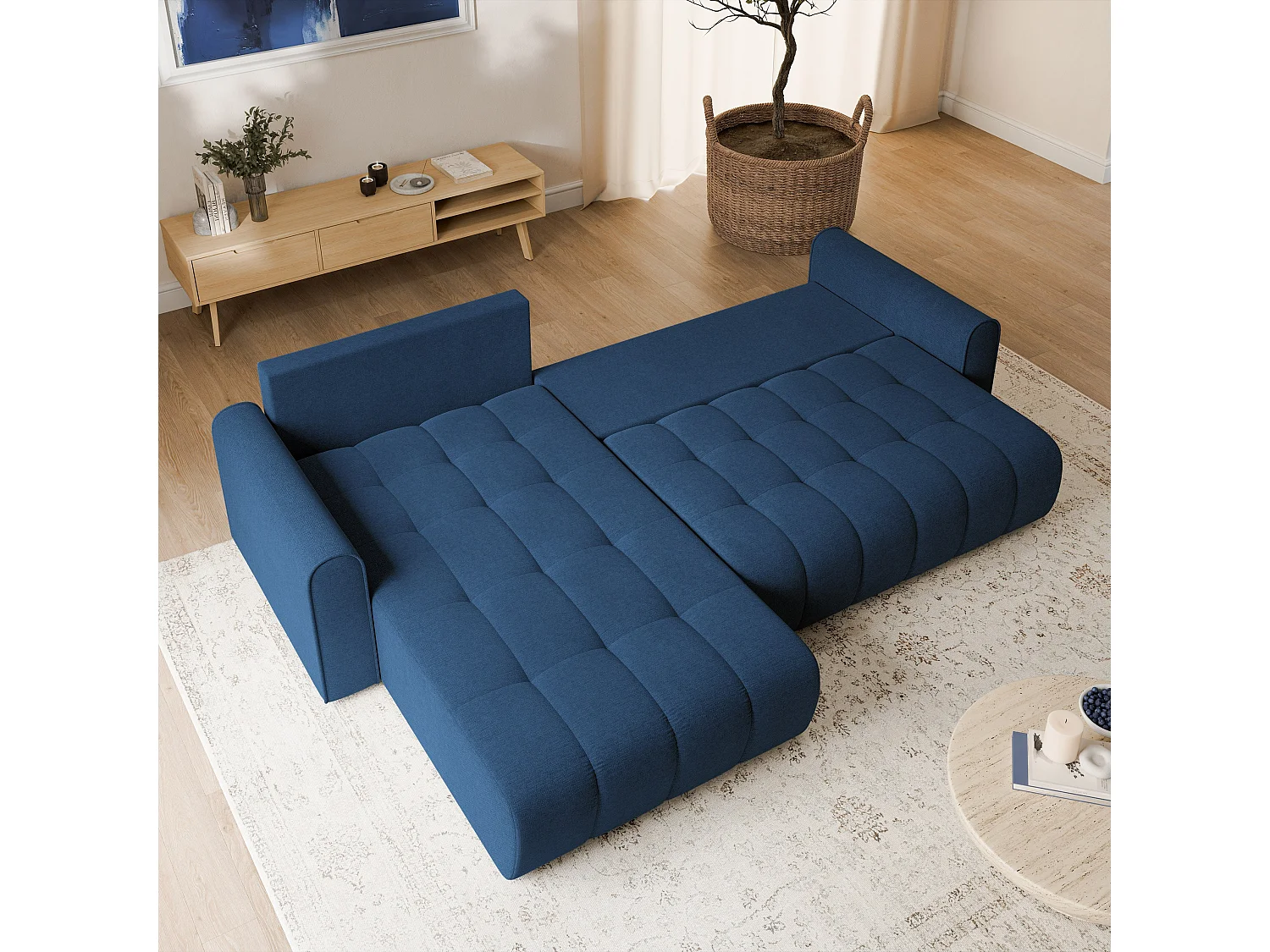 Hoekbank FRIGA, met slaapfunctie, Structuurstof Blauw