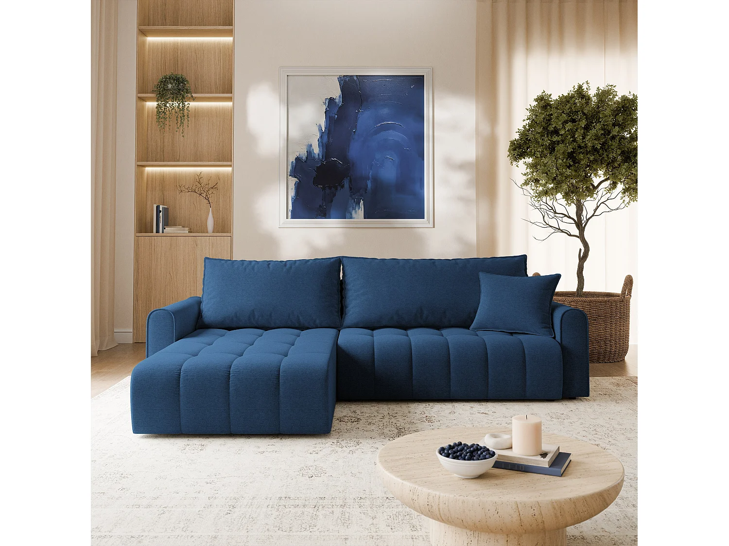 Hoekbank FRIGA, met slaapfunctie, Structuurstof Blauw