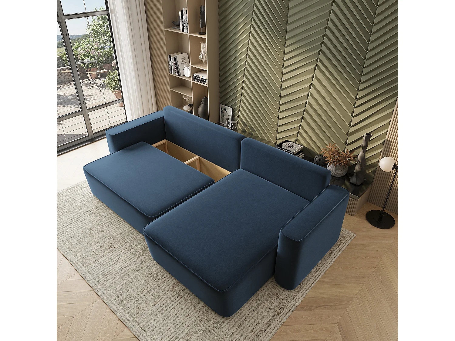 Hoekbank BELARO, met slaapfunctie, Fluweelstof Blauw