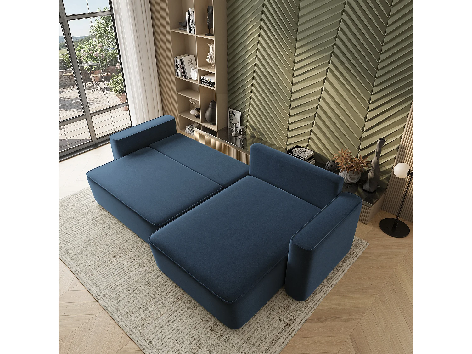 Hoekbank BELARO, met slaapfunctie, Fluweelstof Blauw