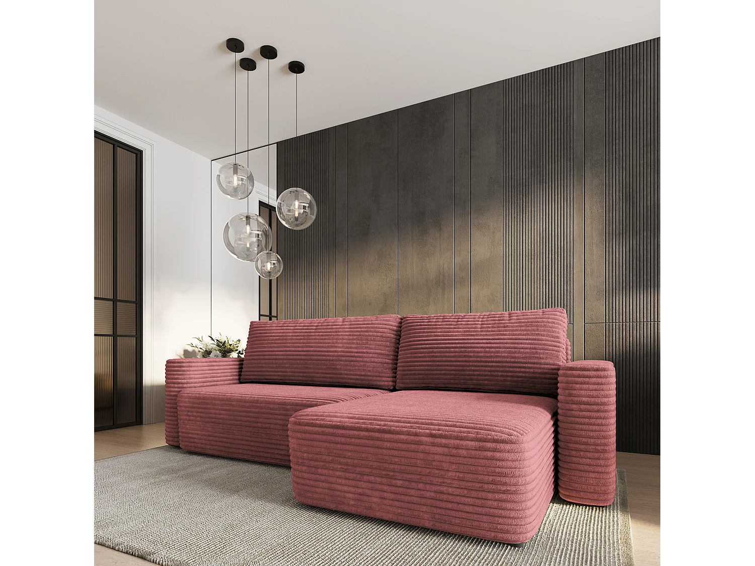 Hoekbank TELIN, met slaapfunctie, Cordstof Roze