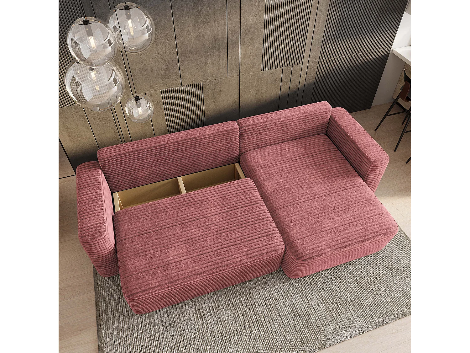 Hoekbank TELIN, met slaapfunctie, Cordstof Roze
