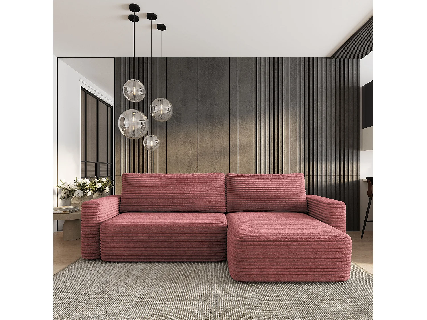 Hoekbank TELIN, met slaapfunctie, Cordstof Roze