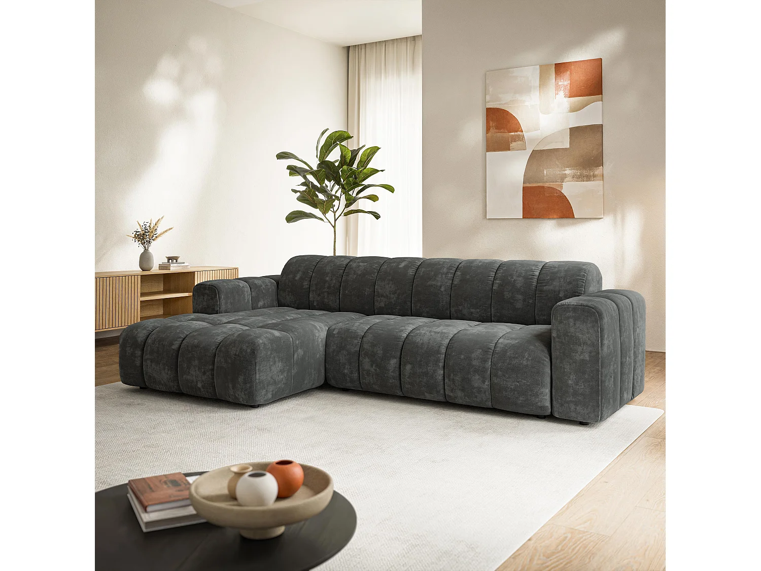Canapé d'angle SETIA, Tissu chenille, Gris