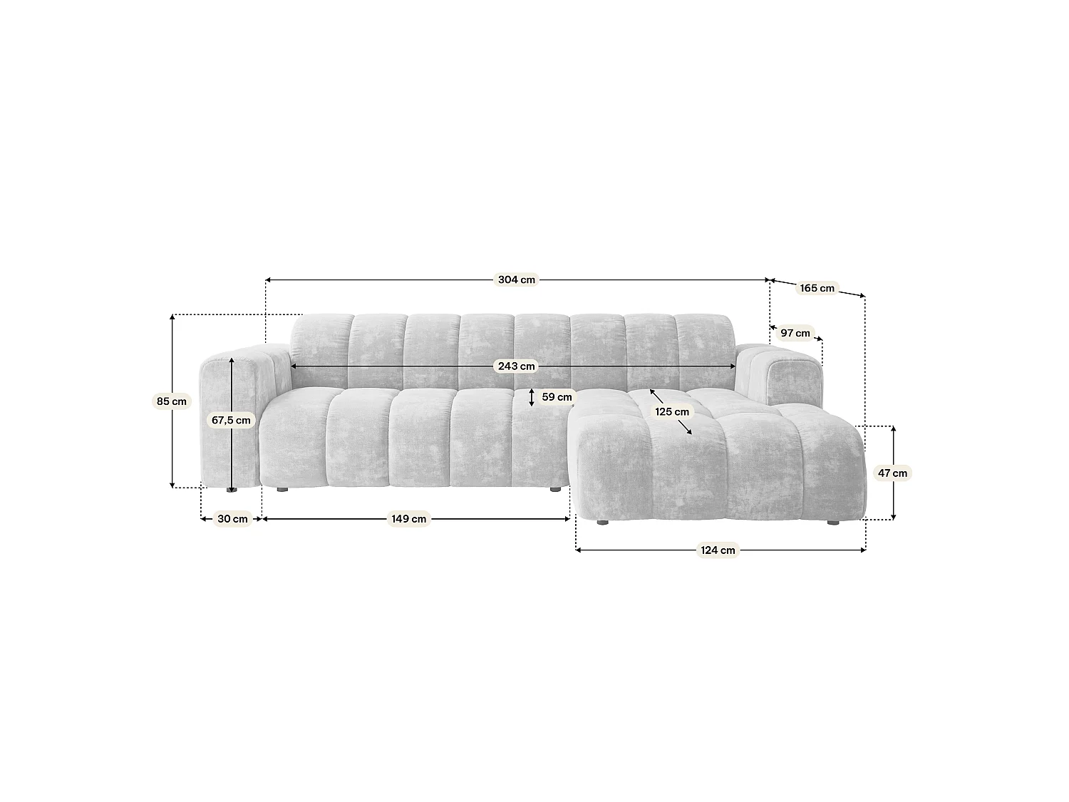 Canapé d'angle SETIA, Tissu chenille, Gris