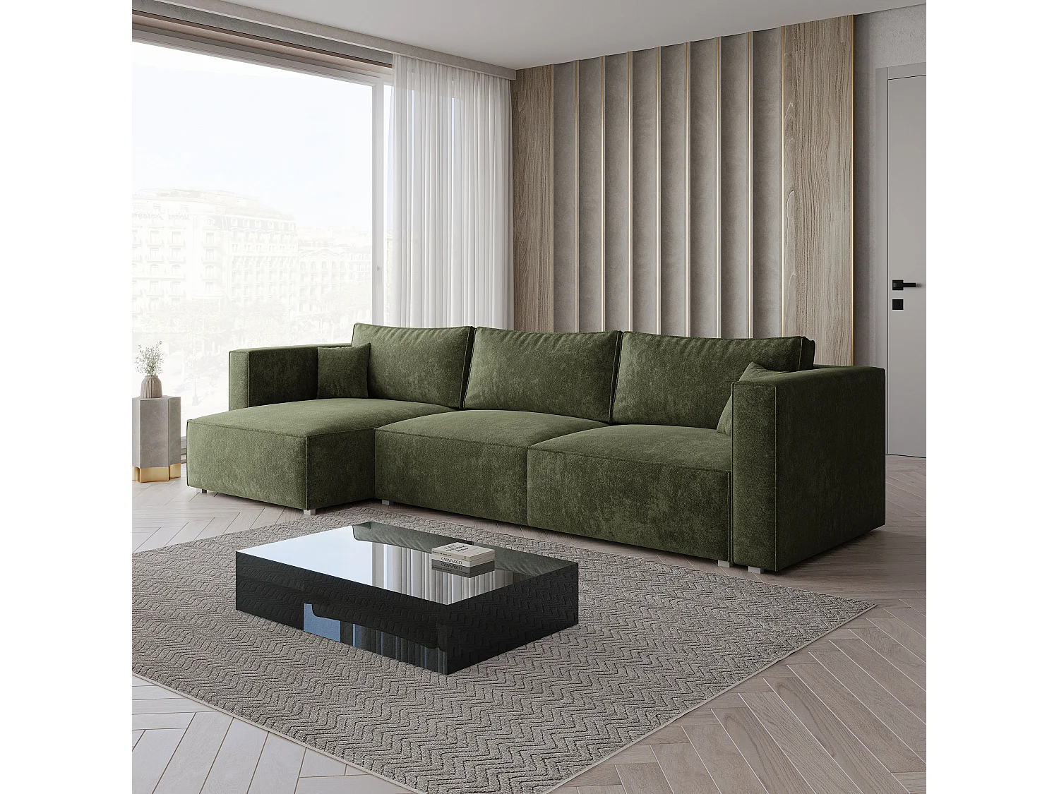 Hoekbank TOLMO, met slaapfunctie, Chenille Groen