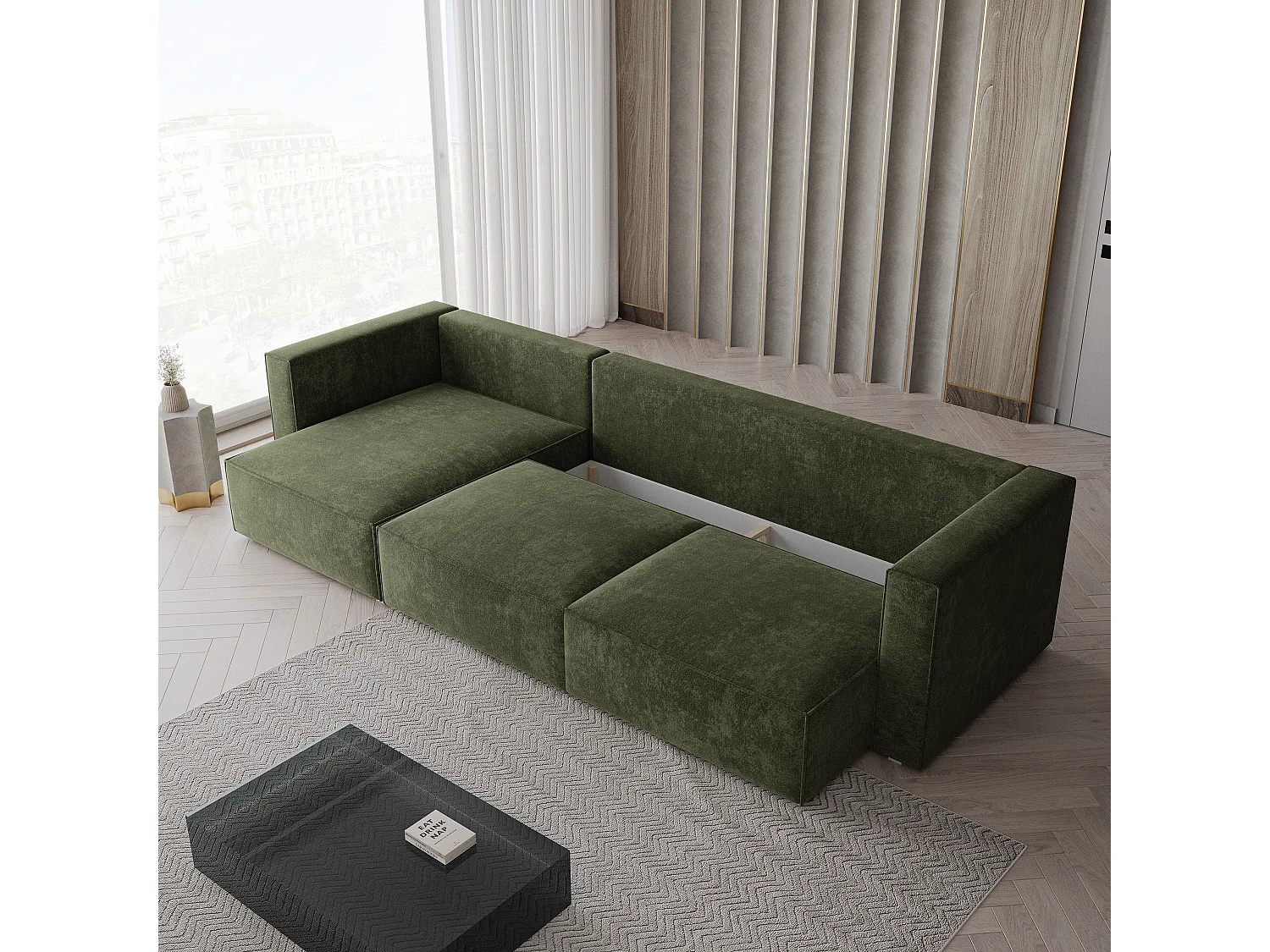 Hoekbank TOLMO, met slaapfunctie, Chenille Groen