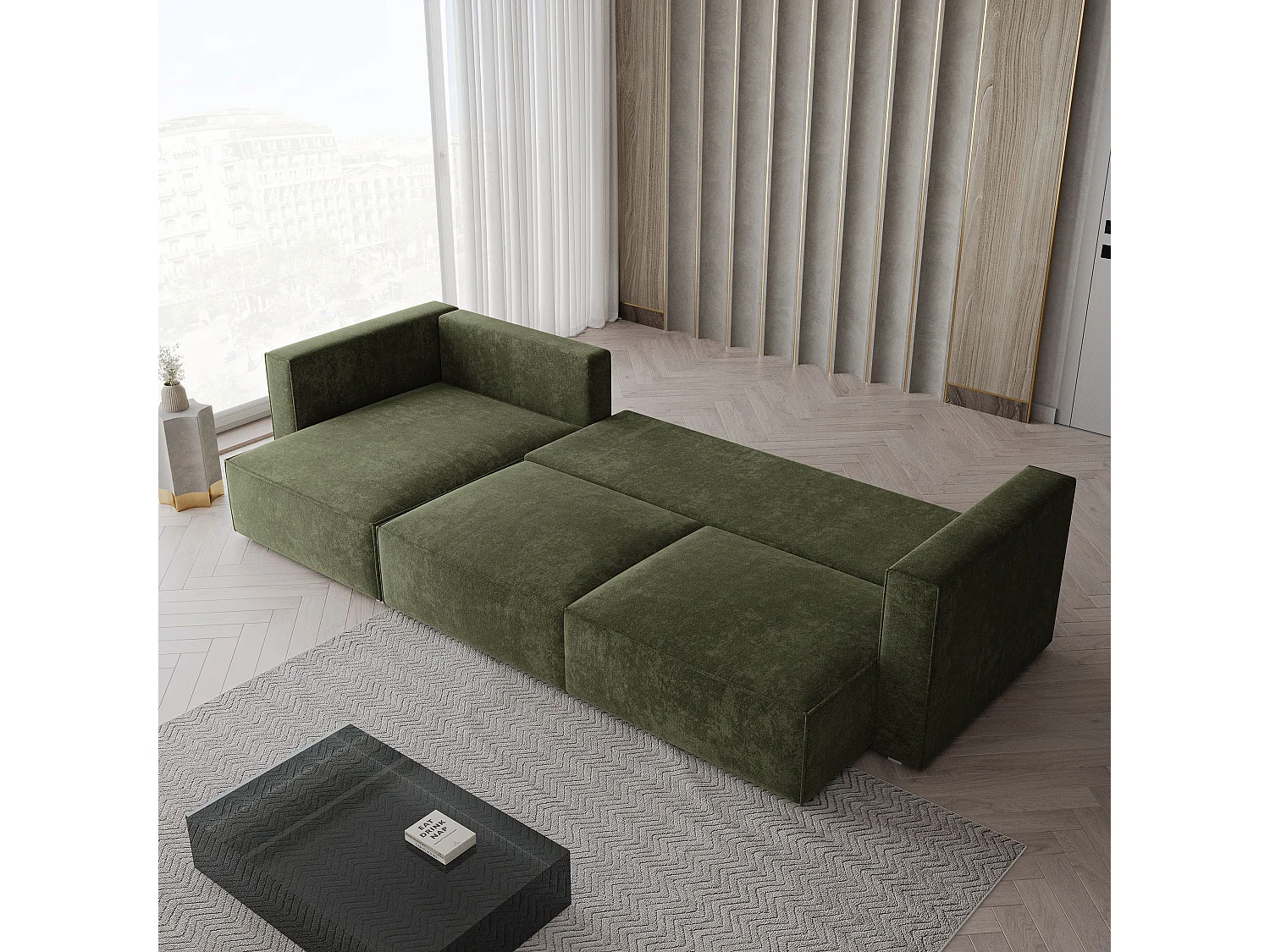 Hoekbank TOLMO, met slaapfunctie, Chenille Groen