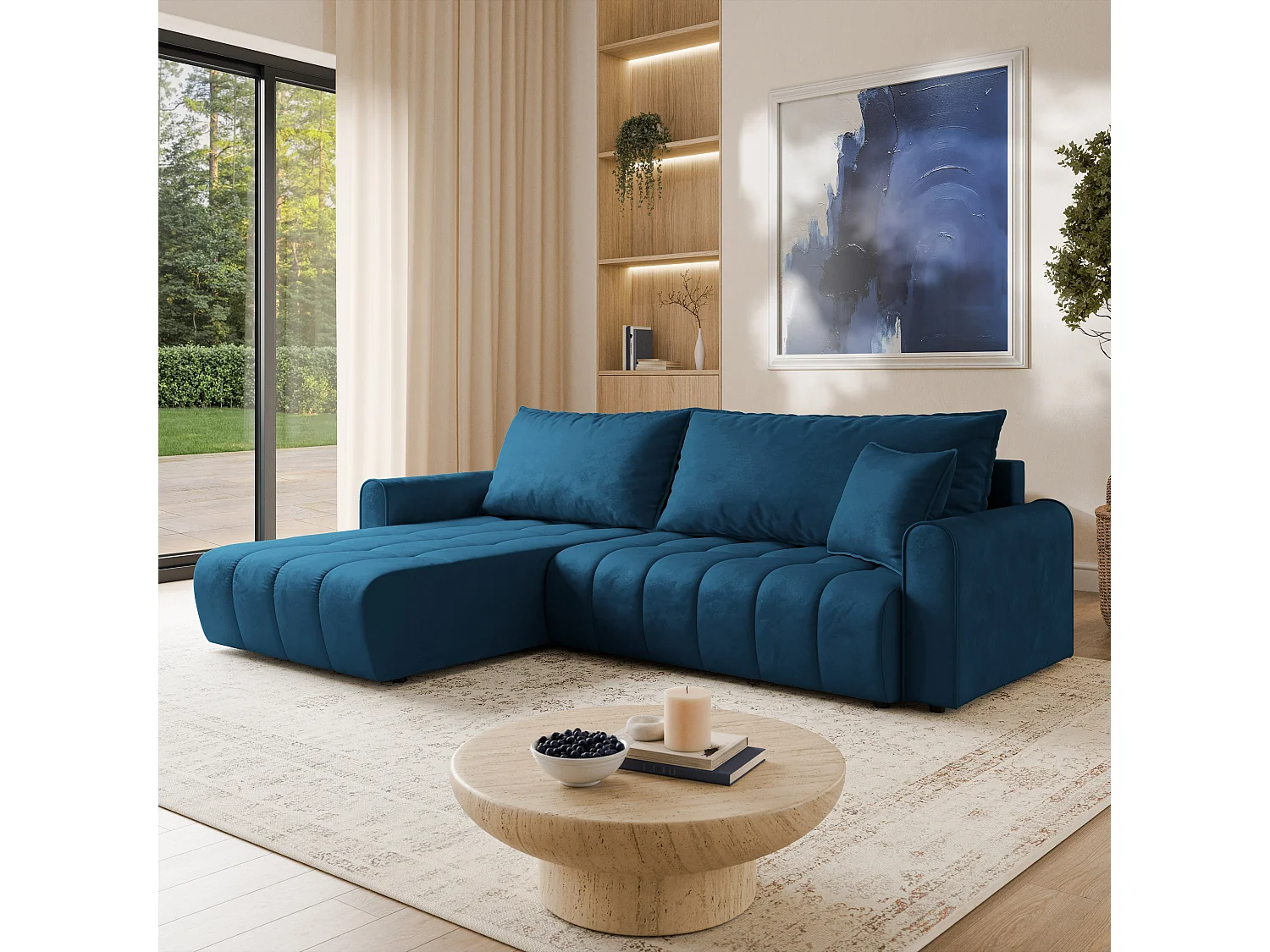 Hoekbank FRIGA, met slaapfunctie, Veloursstof Blauw