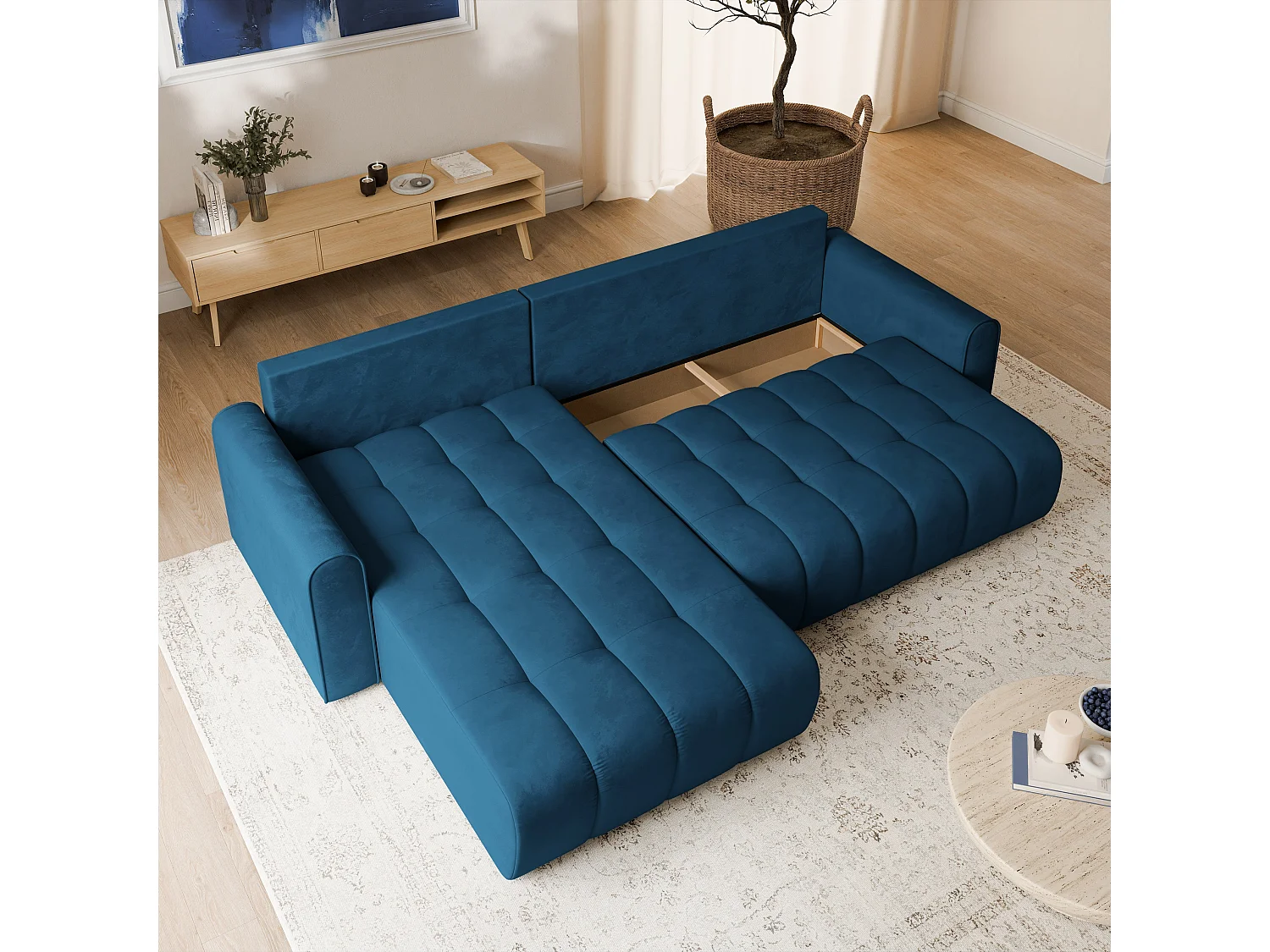 Hoekbank FRIGA, met slaapfunctie, Veloursstof Blauw