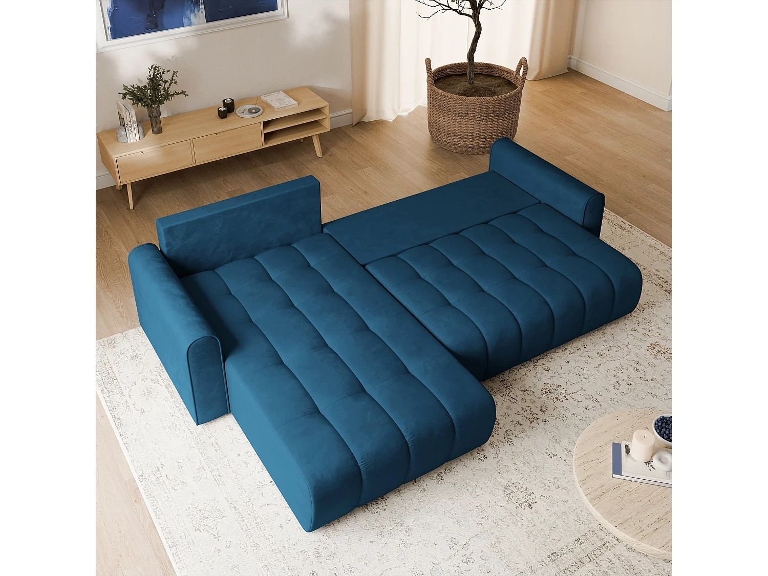 Hoekbank FRIGA, met slaapfunctie, Veloursstof Blauw