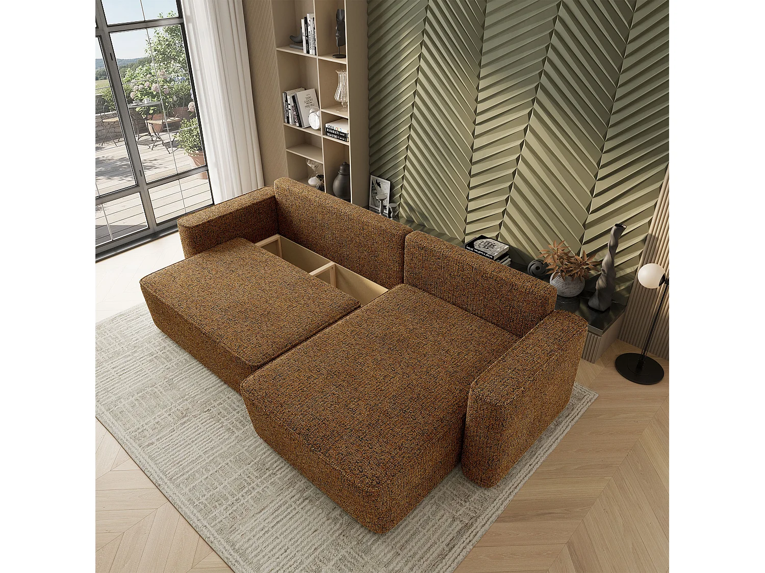 Hoekbank BELARO, met slaapfunctie, Chenille Bruin