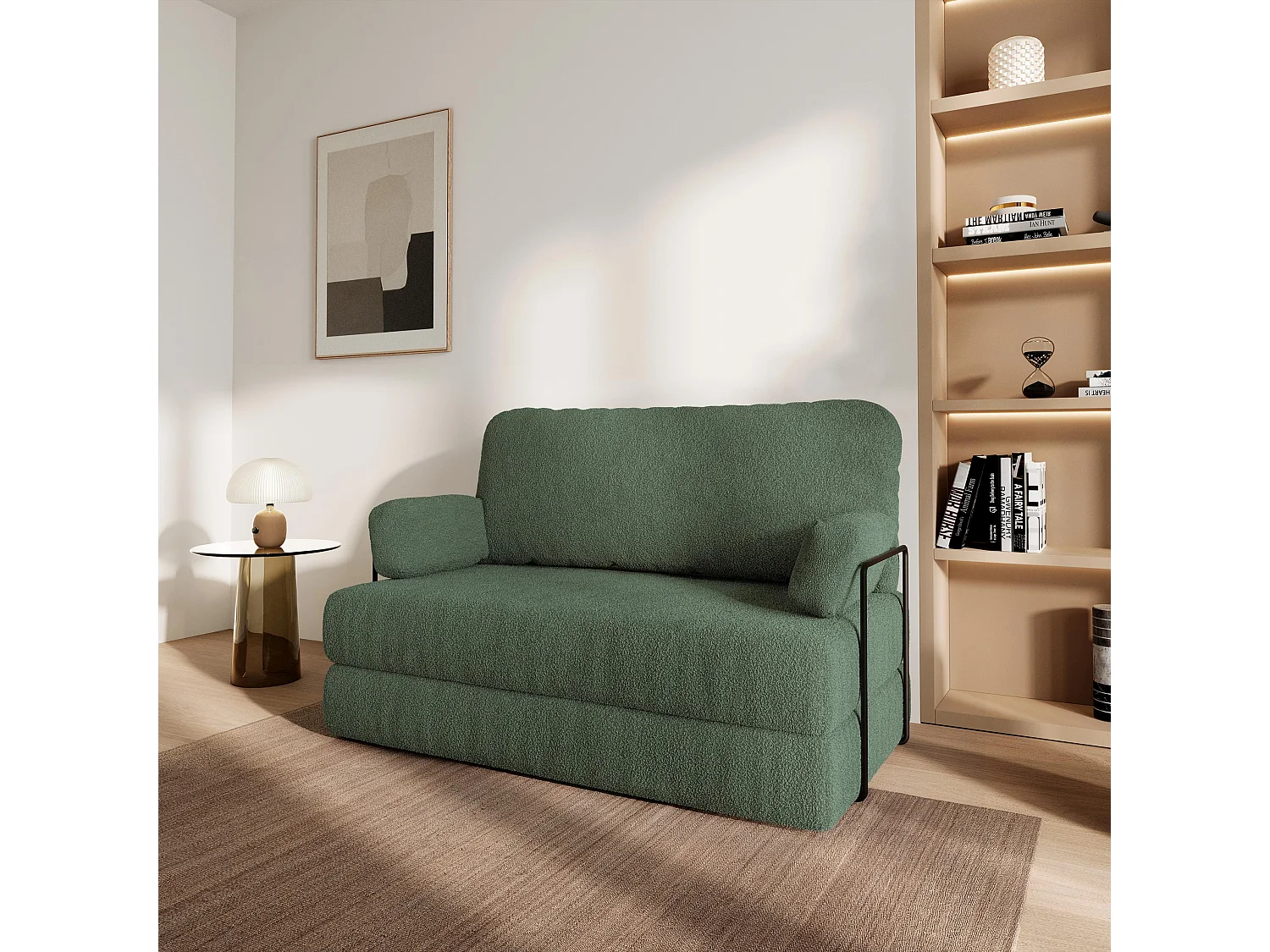 Canapé compressé KESTE avec cadre métallique, Tissu bouclé, Vert