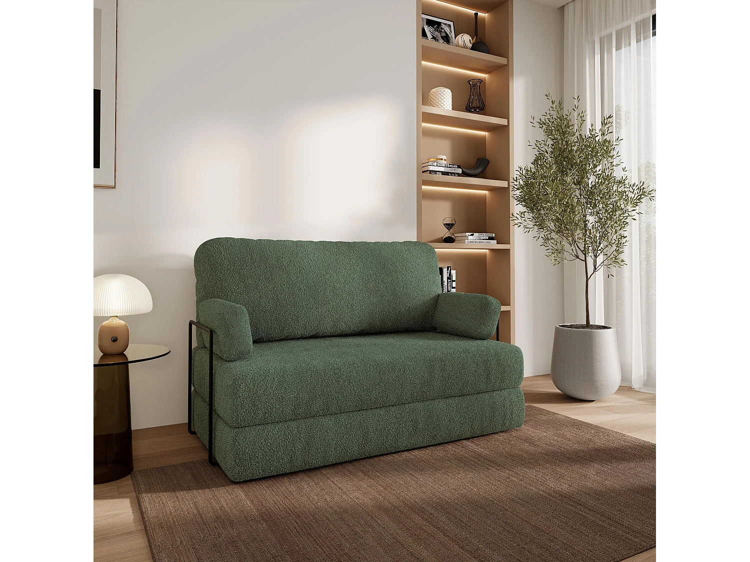 Canapé compressé KESTE avec cadre métallique, Tissu bouclé, Vert
