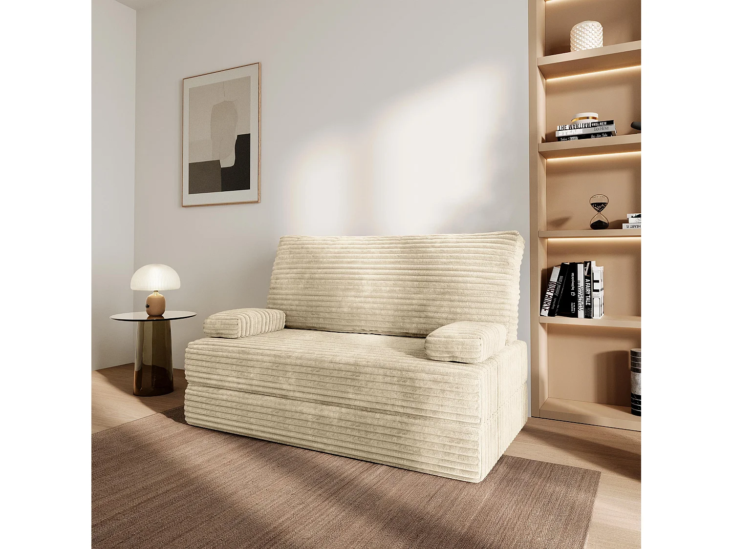 Canapé compressé LADIA sans cadre métallique, Velours côtelé TILIA, Crème