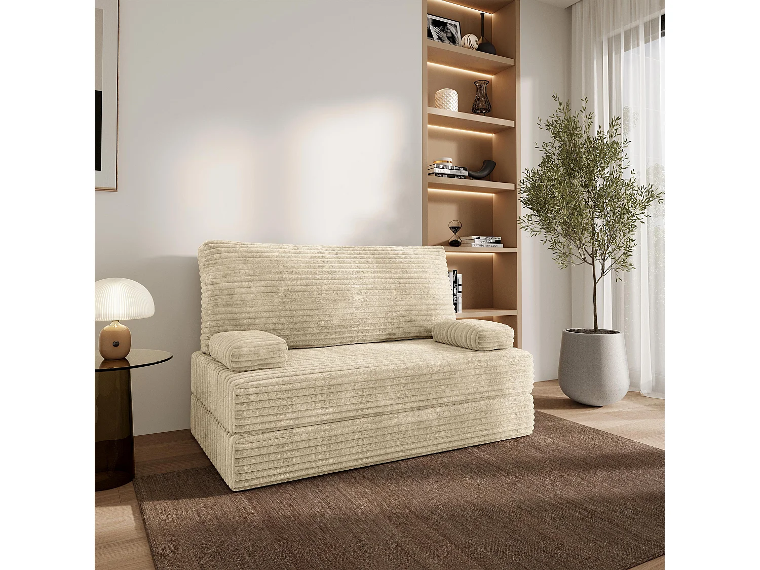 Canapé compressé LADIA sans cadre métallique, Velours côtelé TILIA, Crème