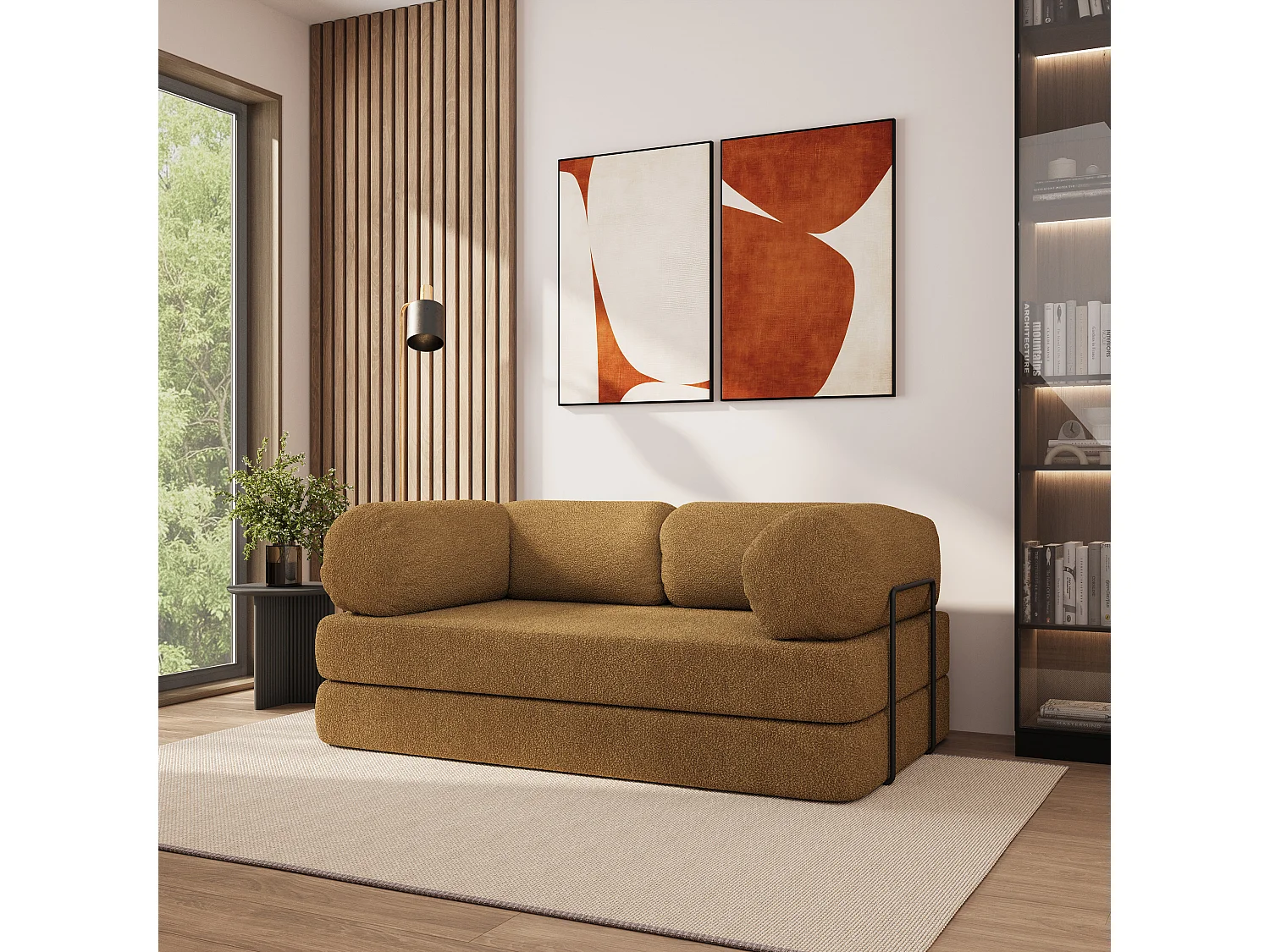 Canapé compressé EIREN avec cadre métallique, Tissu bouclé, Miel