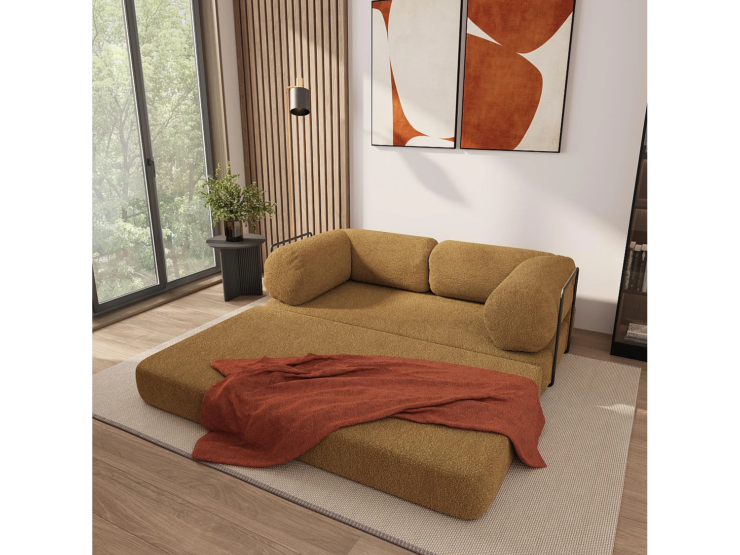 Canapé compressé EIREN avec cadre métallique, Tissu bouclé, Miel