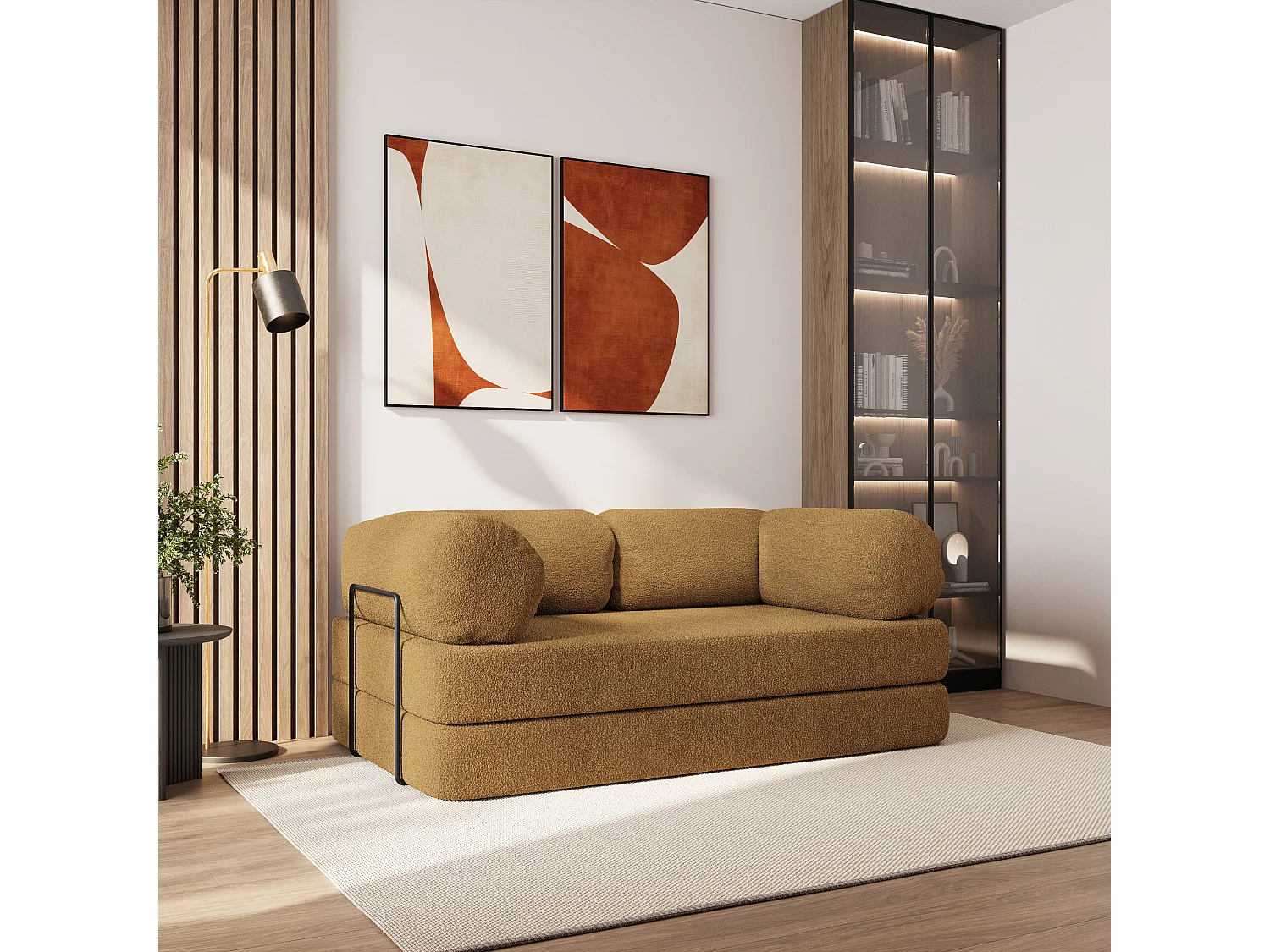 Canapé compressé EIREN avec cadre métallique, Tissu bouclé, Miel