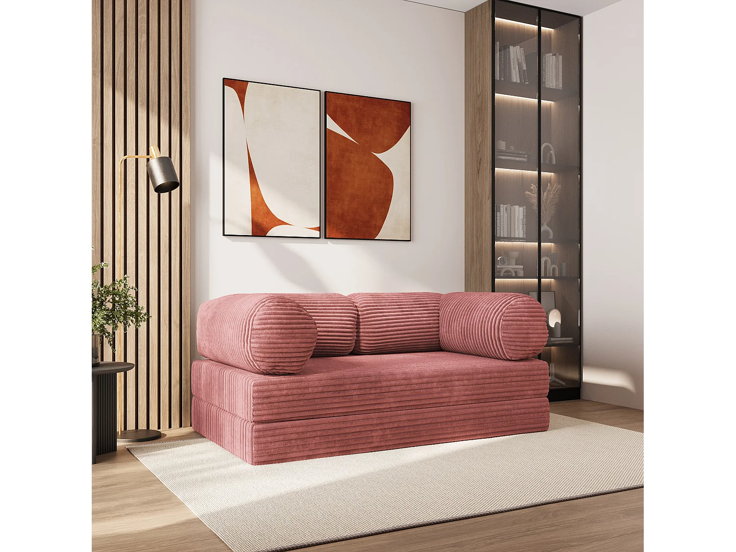Canapé compressé ALVIO sans cadre métallique, Velours côtelé TILIA, Rose poudré