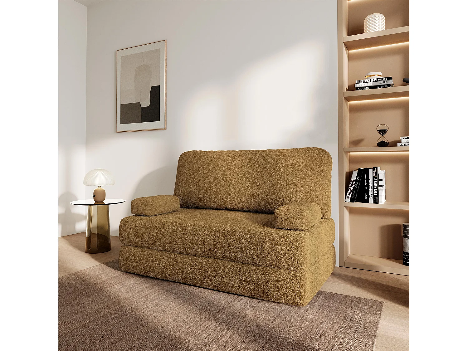 Canapé compressé KESTE sans cadre métallique, Tissu bouclé, Miel