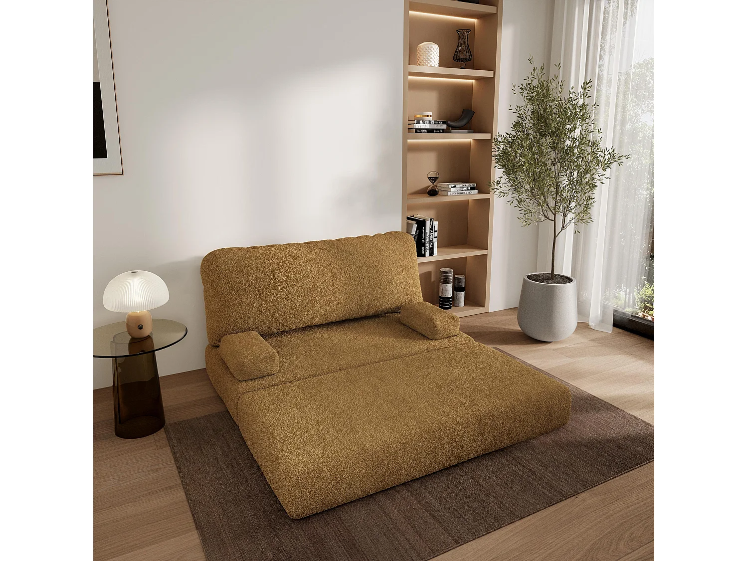 Canapé compressé KESTE sans cadre métallique, Tissu bouclé, Miel