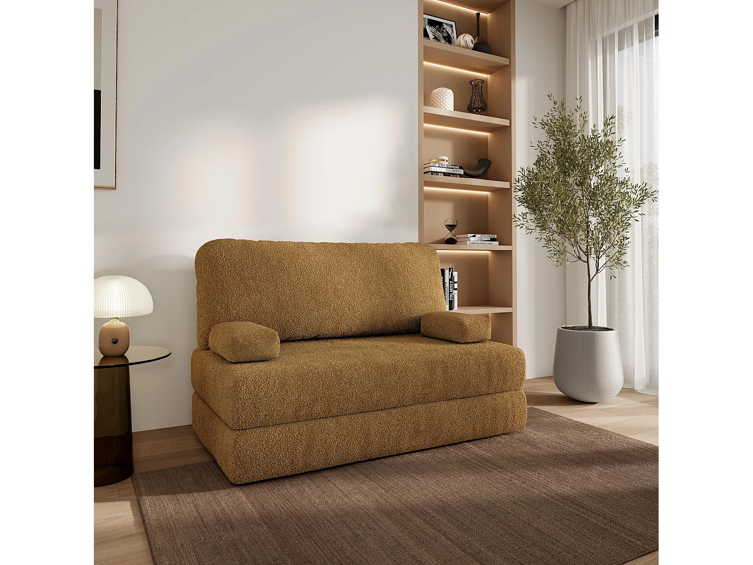 Canapé compressé KESTE sans cadre métallique, Tissu bouclé, Miel