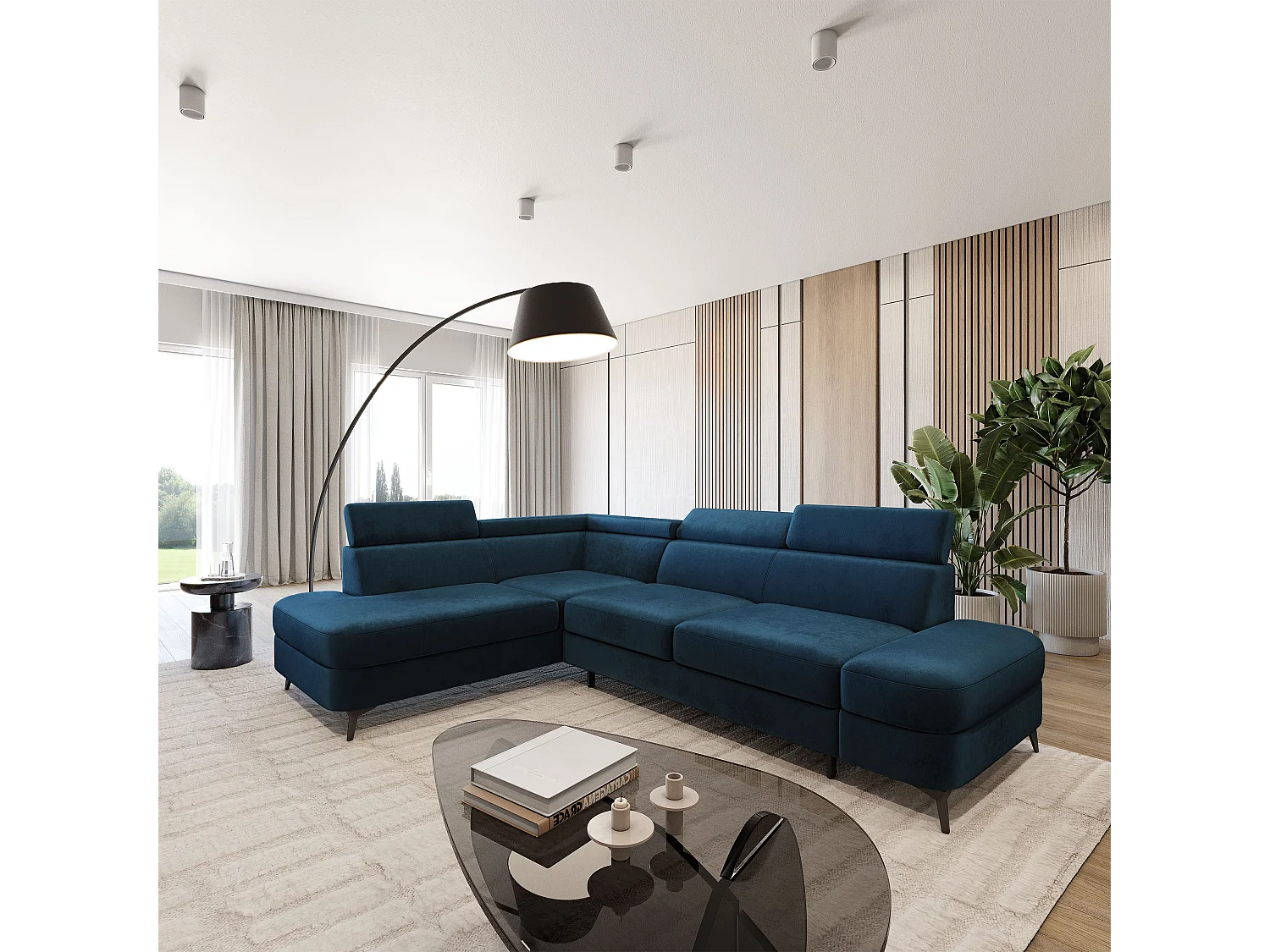 Hoekbank AVISE, met slaapfunctie, Veloursstof Blauw