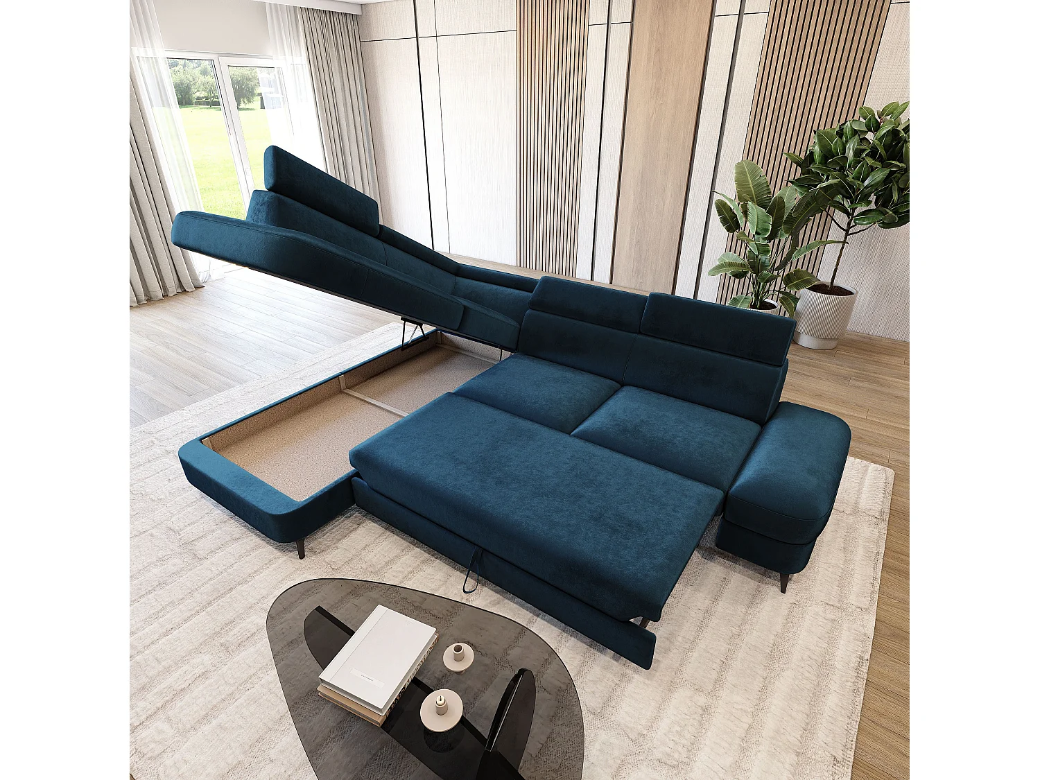 Hoekbank AVISE, met slaapfunctie, Veloursstof Blauw
