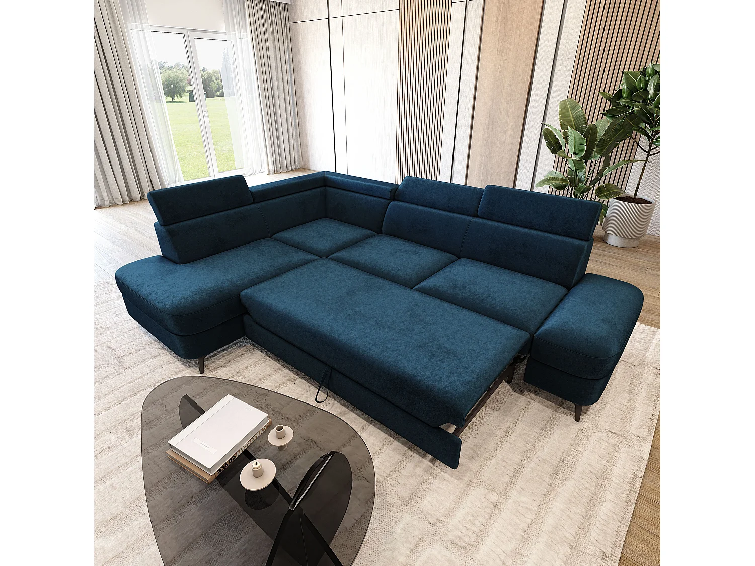 Hoekbank AVISE, met slaapfunctie, Veloursstof Blauw