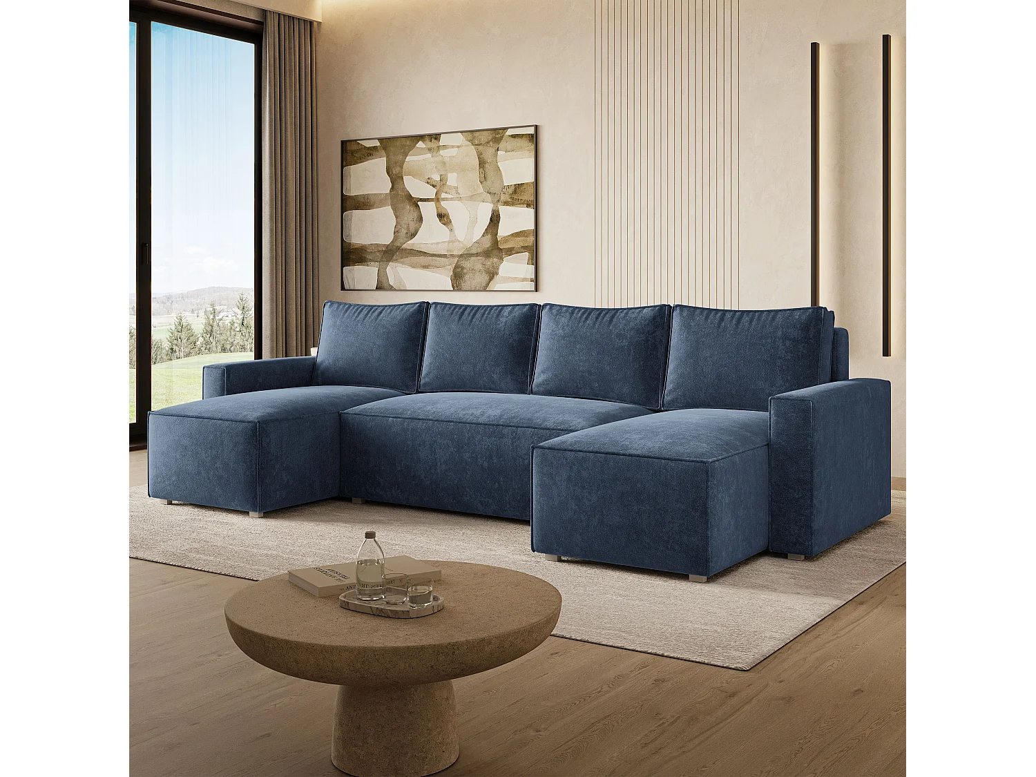 Hoekbank ASPRA, met slaapfunctie, Chenille Blauw