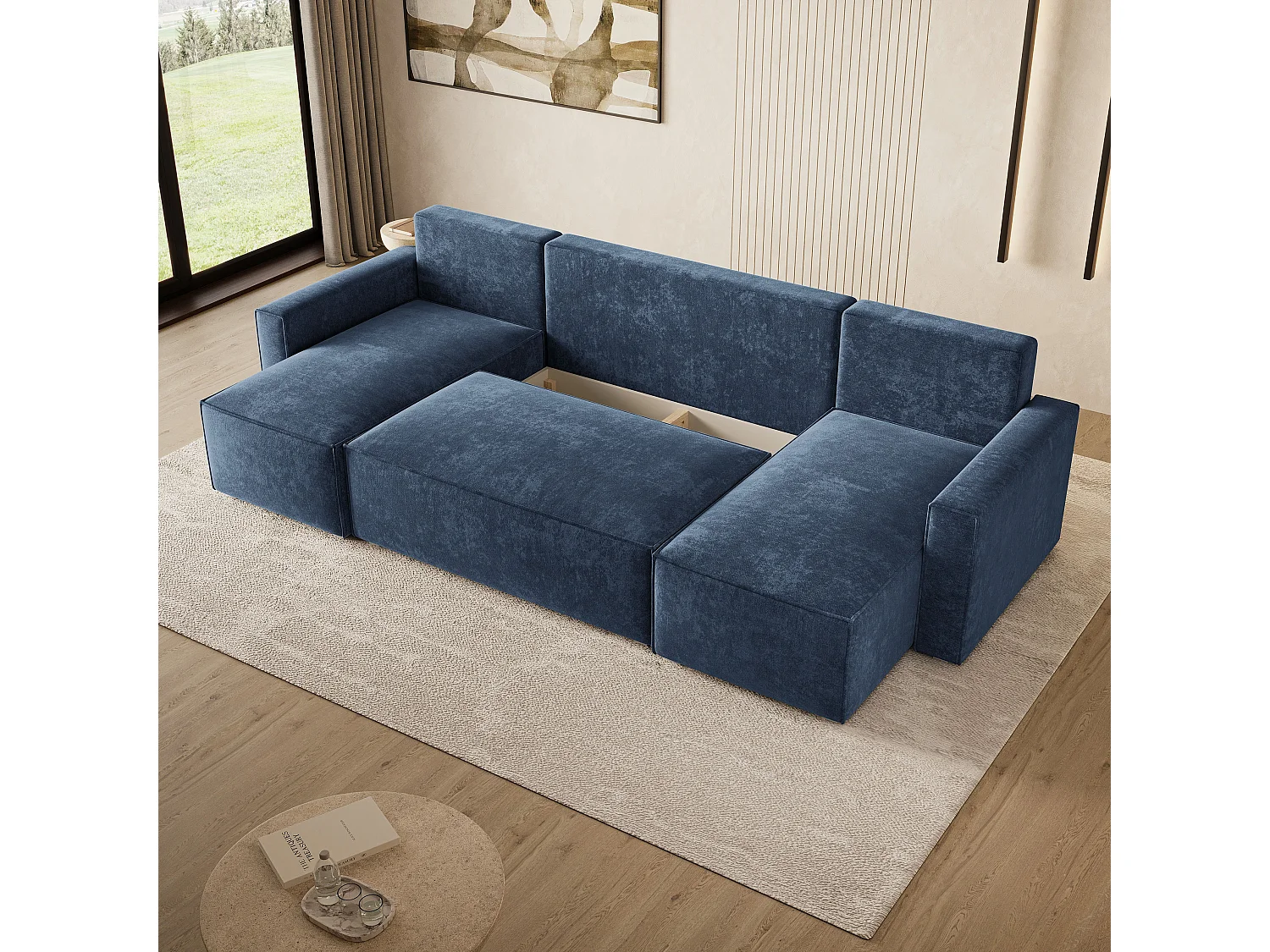 Hoekbank ASPRA, met slaapfunctie, Chenille Blauw